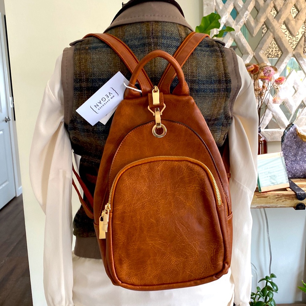 NWT Vegan Leather Backpack - cognac with brass hardware
